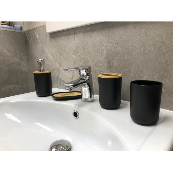 Fürdőszobai kiegészítő készlet 6 darabos - fekete/fa