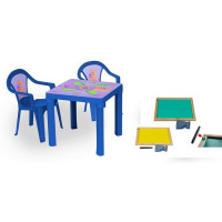 Kisasztal 2 székkel + két oldalú fa tábla Inlea4Fun - Kék 