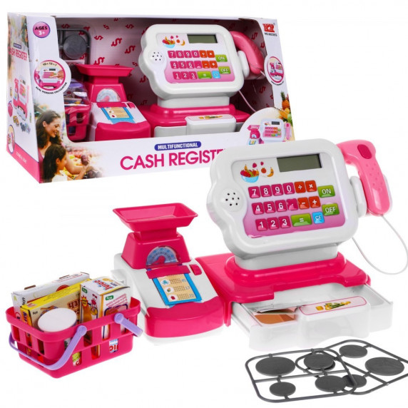 Pénztárgép kiegészítőkkel és bevásárlókosárral - rózsaszín/fehér Inlea4Fun CASH REGISTER