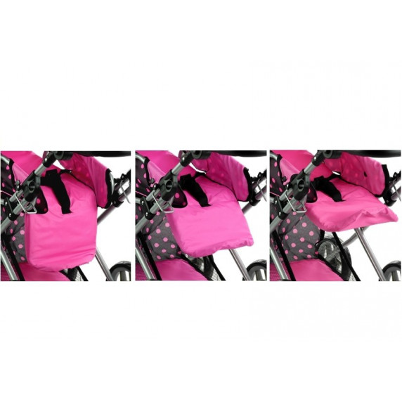 Játék babakocsi hordozható mózeskosárral ALICA - fekete/rózsaszín pöttyös