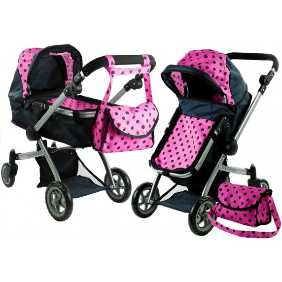 ALICA játékbabakocsi mély/sportkocsi - fekete/rózsaszín