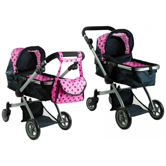 ALICA játékbabakocsi mély/sportkocsi - fekete/rózsaszín