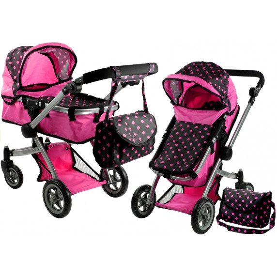 Játékbabakocsi mély/sportkocsi ALICA - rózsaszín/fekete