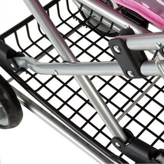 Játék babakocsi hordozható mózeskosárral ALICA - fekete/rózsaszín pöttyös