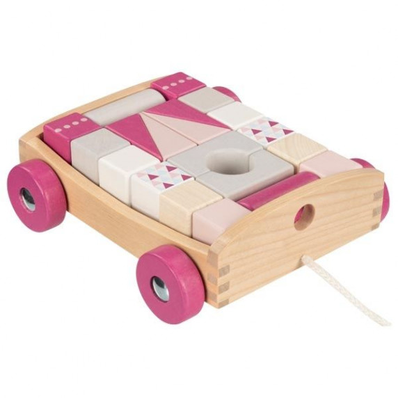 Fa húzható kiskocsi színes építőkockákkal 20 darabos Goki - rózsaszín