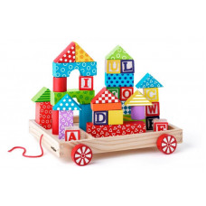 Fa húzható kiskocsi színes építőkockákkal  35 darabos Woody Előnézet