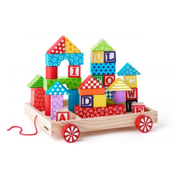 Fa húzható kiskocsi színes építőkockákkal  35 darabos Woody