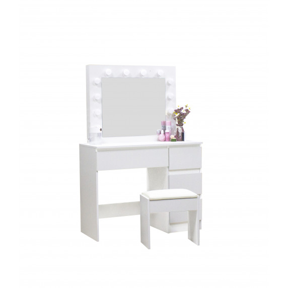 Fésülködő asztal megvilágítással 4 fiókkal székkel Aga MRDT09 -GW Fehér magasfényű