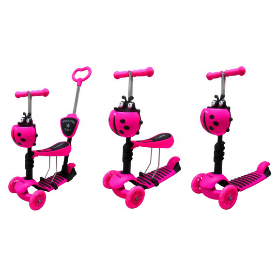 Háromkerekű roller tolókarral világító kerekekkel 5az1-ben  - rózsaszín