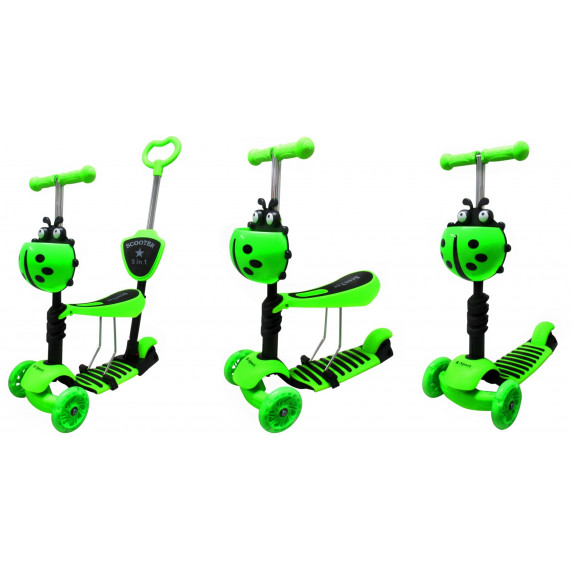 Háromkerekű roller tolókarral világító kerekekkel 5az1-ben - JR201 zöld