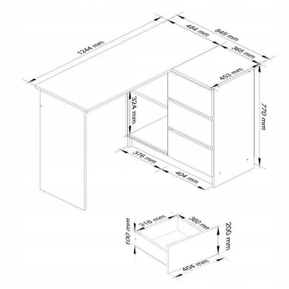 Sarok íróasztal jobbos 124,5x77x85 cm AKORD CLP - Fehér/tölgy sonoma