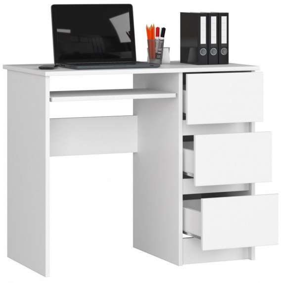 Íróasztal fiókokkal és kihúzható billentyűzet tartóval jobbos 90x77x50 cm  Inlea4Home A-6 CLP PRAWE - fehér