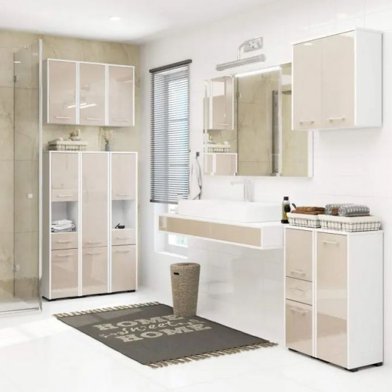 Fürdőszoba szekrény 140cm magasfényű - fehér/cappuccino