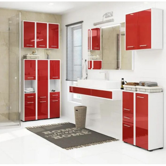 Fürdőszoba szekrény 140cm magasfényű - fehér/piros