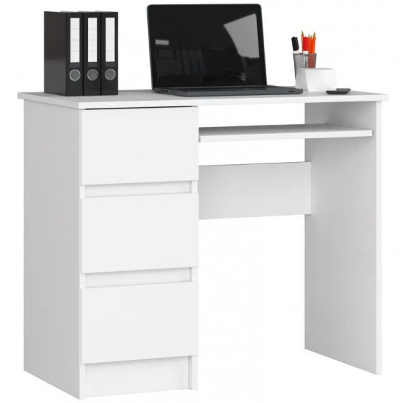 Íróasztal fiókokkal és kihúzható billentyűzet tartóval balos 90x77x50 cm Inlea4Home A-6 CLP LEWE - fehér