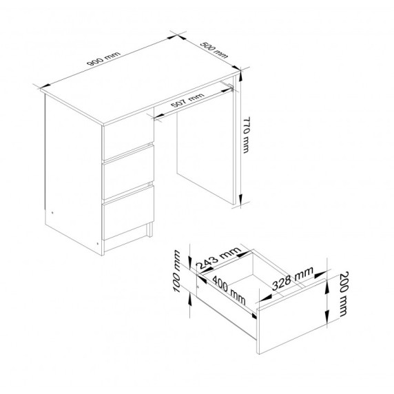 Íróasztal fiókokkal és kihúzható billentyűzet tartóval balos s 90x77x50 cm - fehér-wenge