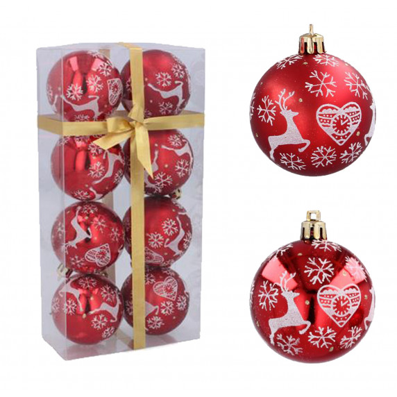 Karácsonyfa dísz szett 8 darab gömb 6 cm Inlea4Fun - Piros/Rénszarvasos