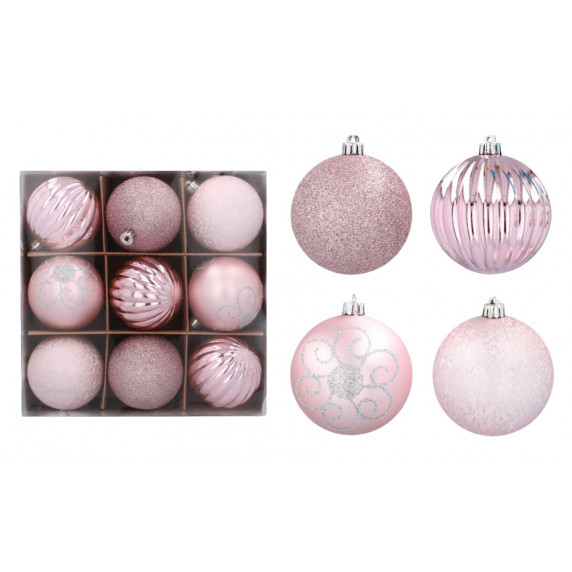 Karácsonyfa dísz szett 9 darab gömb 8 cm Inlea4Fun - Rózsaszín