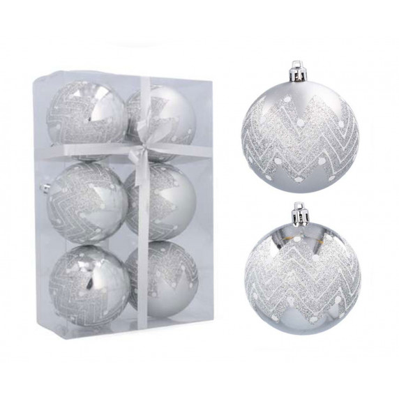 Karácsonyfa dísz szett 6 darab gömb 8 cm Inlea4Fun - Ezüst Cikk-cakk minta