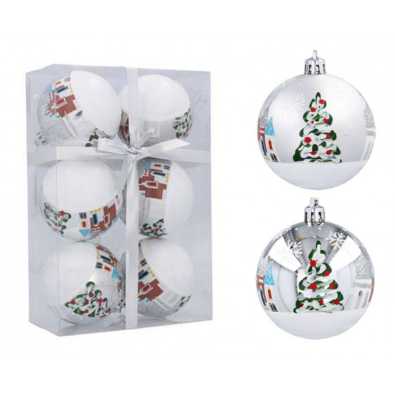 Karácsonyfa dísz szett 6 darab gömb 8 cm Inlea4Fun - Ezüst Fenyőfa Havas ház