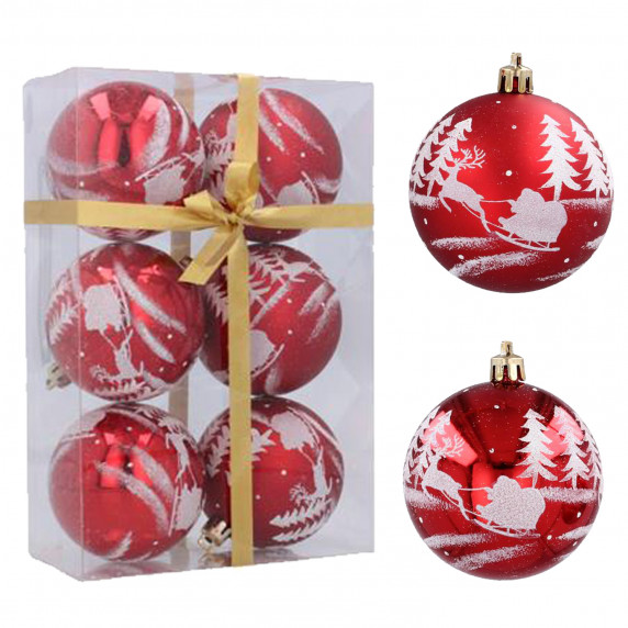 Karácsonyfa dísz szett 6 darab gömb 7 cm Inlea4Fun - Piros/Rénszarvas szánnal