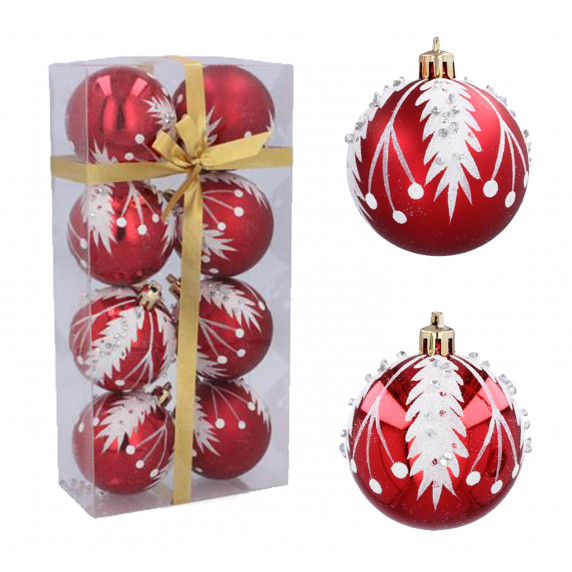 Karácsonyfa dísz szett 8 darab gömb 6 cm Inlea4Fun - Piros/Havas fenyőág