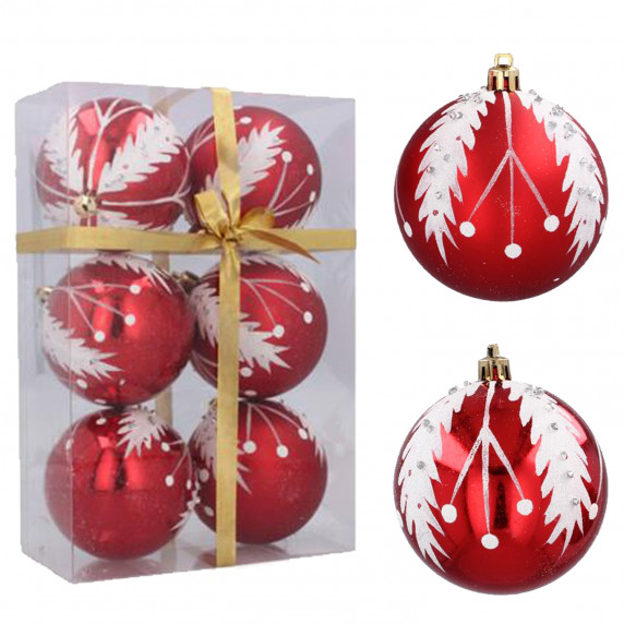 Karácsonyfa dísz szett 6 darab gömb 8 cm Inlea4Fun - Piros/Havas fenyőág