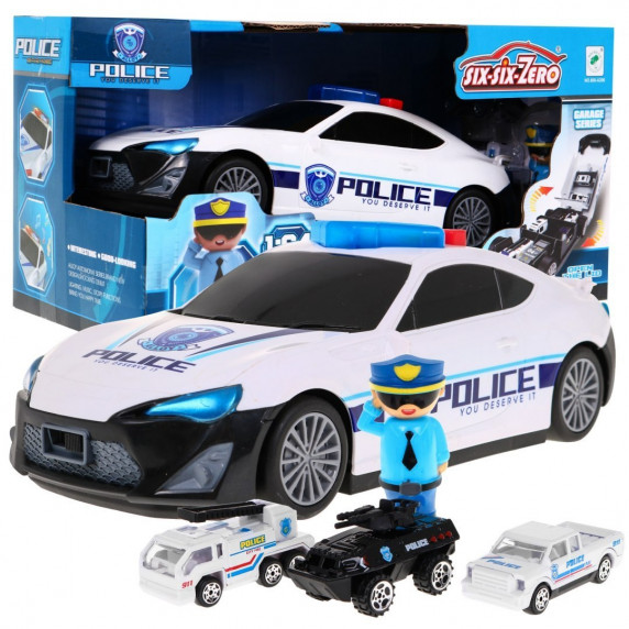 Nagy rendőrautó, kis autókkal töltve - fény- és hanghatásokkal